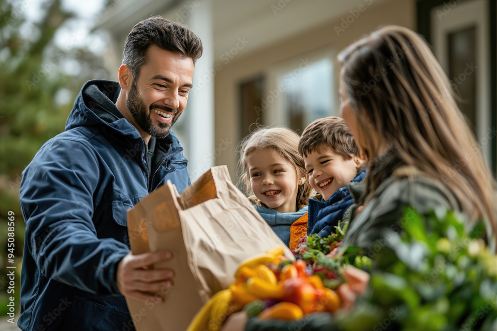The happy family received a lot of fruits, vegetables and meat from the food delivery courier, which they had previously ordered. They can start cooking. The happy family received a lot of fruits, vegetables and meat from the food delivery courier, which they had previously ordered. They can start cooking.