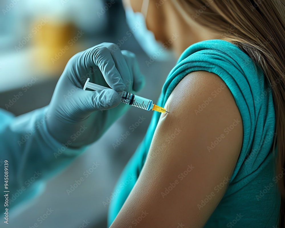 Nurse injecting vaccine into arm of patient, health care for corona virus, immunization against flu, clinic setting Nurse injecting vaccine into arm of patient, health care for corona virus, immunization against flu, clinic setting