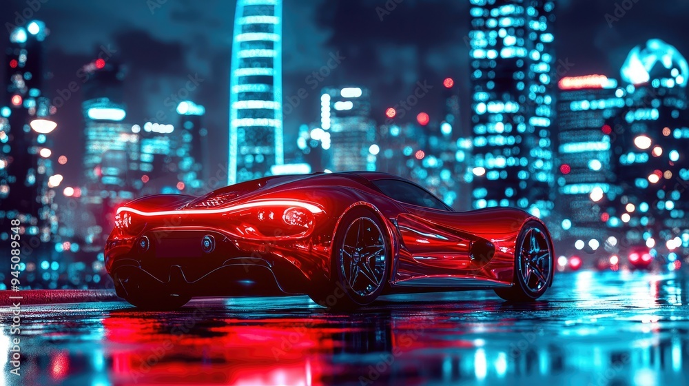 Red Sports Car Parked in a City at Night Red Sports Car Parked in a City at Night