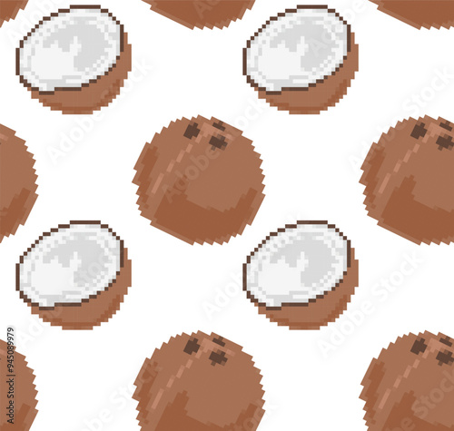 Pixel seamless pattern of a whole coconut and its halves in vector. Suitable for background, textile, tropical, gaming and retro designs.