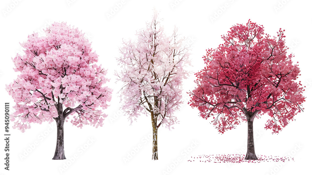 Three trees with pink blossoms are shown in a row on a transparent background Three trees with pink blossoms are shown in a row on a transparent background