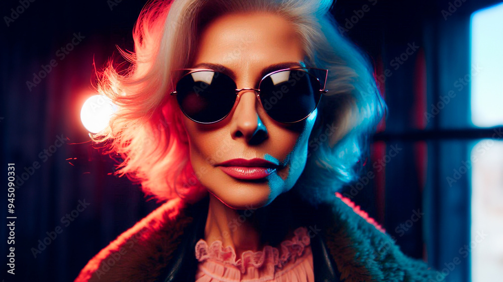 Close-up portrait of stylish senior woman in sunglasses illuminated by neon light Close-up portrait of stylish senior woman in sunglasses illuminated by neon light