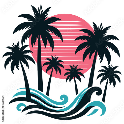 Retro tropical illustration with palm trees, sun, and waves in a pink and teal beach sunset