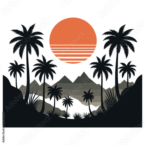 Tropical sunset landscape vector illustration, vivid orange and black, perfect for wall art