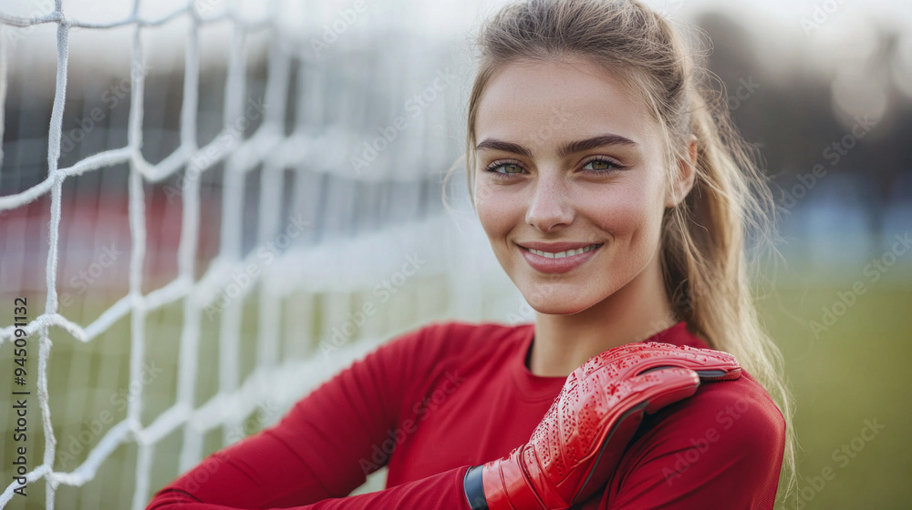 A woman in a red shirt and red gloves is smiling and posing for a picture A woman in a red shirt and red gloves is smiling and posing for a picture