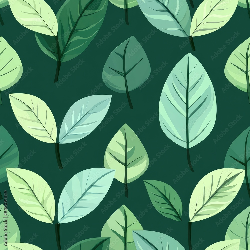 Seamless Pattern of Green and Blue Leaves on a Dark Green Background Seamless Pattern of Green and Blue Leaves on a Dark Green Background