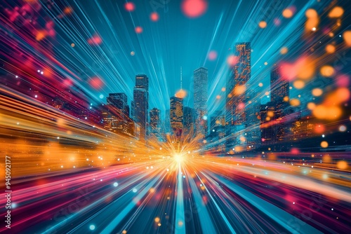 Vibrant Time-Lapse of a Cityscape Illuminated by Streaks of Glowing Lights