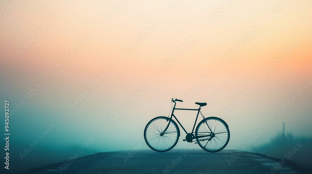 Fototapeta premium Silhouette of bicycle on foggy road at sunrise