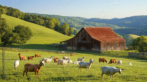 A peaceful goat farm in the countryside, with a flock of goat grazing on green pastures. Hills and a rustic barn in background. photo