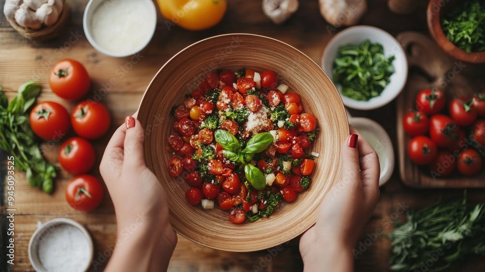 Top view of woman hand holding healthy dish on wooden table with ingredient, copy space Top view of woman hand holding healthy dish on wooden table with ingredient, copy space