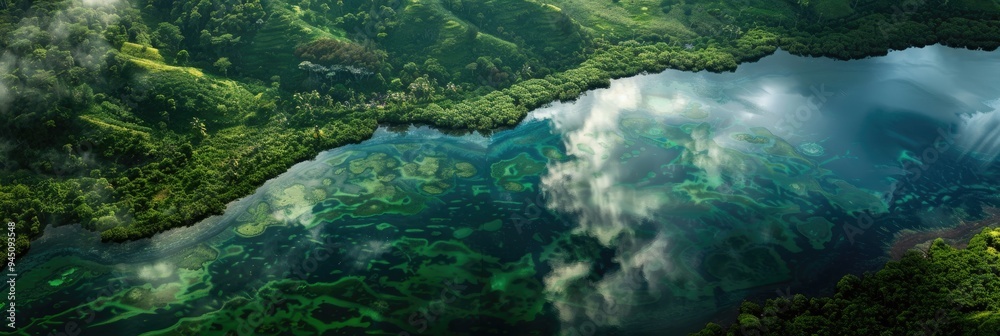 Foto Cloud shadows over a lush volcanic lake