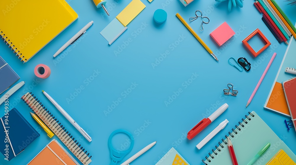 Overhead view of a selection of school stationary essentials on a modern blue background, designed as a banner for educational websites Overhead view of a selection of school stationary essentials on a modern blue background, designed as a banner for educational websites