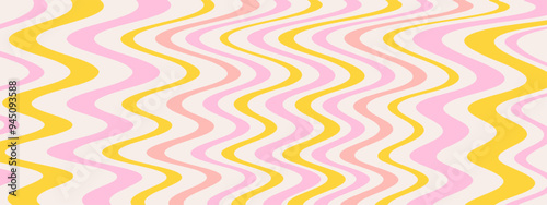 1970 Groovy Background of yellow and pastel pink rainbow line. Hand drawn wavy swirl vector illustration. Seventies style wallpaper. Flat design, hippie aesthetic.