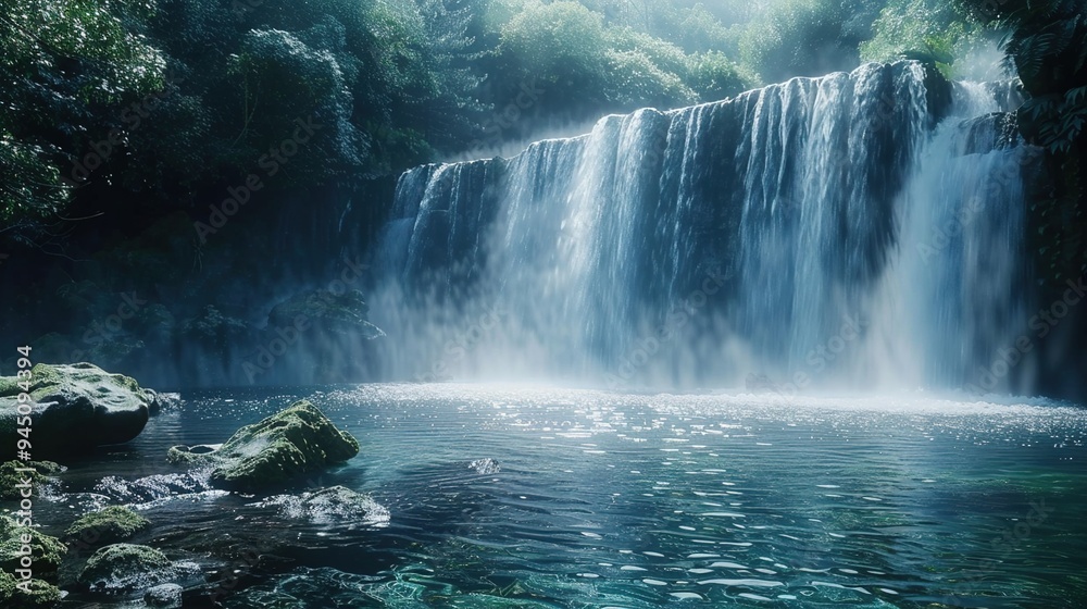 A serene waterfall cascading into a crystal-clear pool below, with the mist rising and the sound of rushing water filling the air, evoking a sense of purity and spiritual cleansing. A serene waterfall cascading into a crystal-clear pool below, with the mist rising and the sound of rushing water filling the air, evoking a sense of purity and spiritual cleansing.