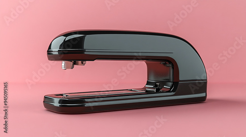 A sleek black stapler positioned against a soft pink background, showcasing its modern design and functionality.