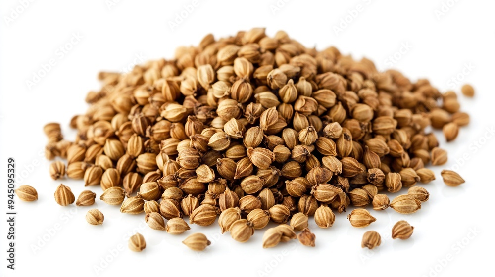 A Heap of Dried Coriander Seeds on White Background A Heap of Dried Coriander Seeds on White Background