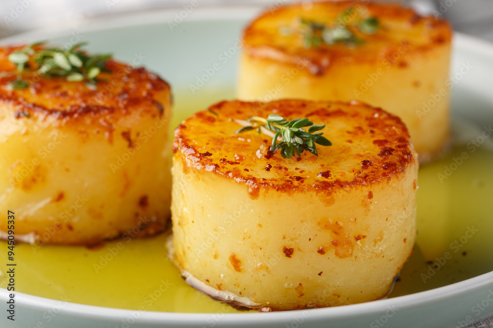 French Fondant potatoes seared golden then baked in a buttery broth closeup on the plate on the table. Horizontal