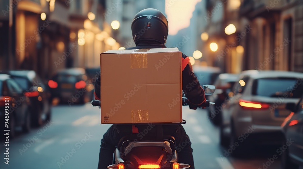 courier on a motorcycle with a large delivery box, navigating traffic courier on a motorcycle with a large delivery box, navigating traffic