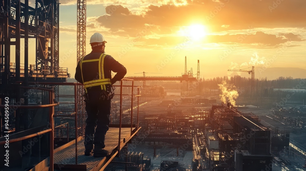 Industrial worker on construction site at sunset, panoramic landscape view Industrial worker on construction site at sunset, panoramic landscape view