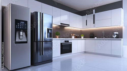 Contemporary kitchen design with sleek appliances, smart refrigerator, and white cabinetry, showcasing modern home technology and style