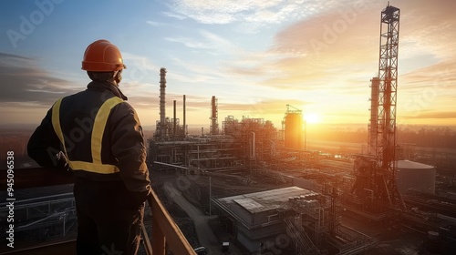 Wallpaper Mural Industrial worker on construction site at sunset, panoramic landscape view Torontodigital.ca