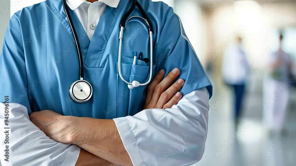 A doctor with arms crossed stands in a hospital hallway with a stethoscope A doctor with arms crossed stands in a hospital hallway with a stethoscope