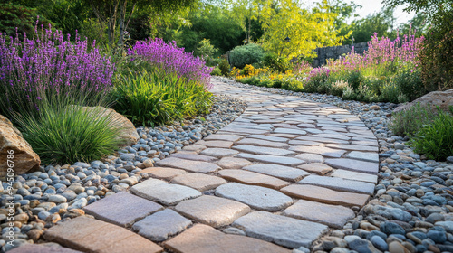 Stone garden path winding through autumn garden with fallen leaves