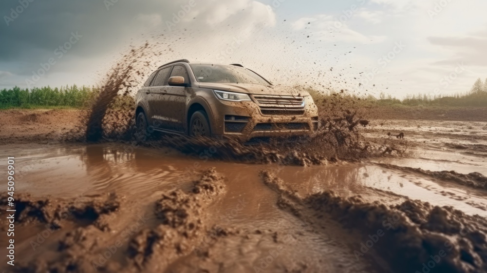 Off road suv car in muddy dirt track. Neural network ai generated art Off road suv car in muddy dirt track. Neural network ai generated art