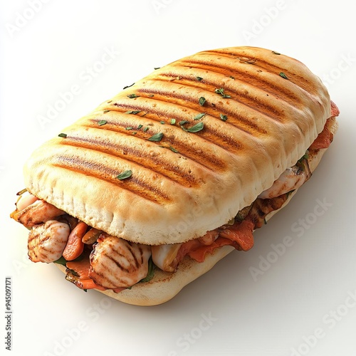 Panini sandwich, golden crust, isolated on white background, rich textures warm hues 3D illustration photo