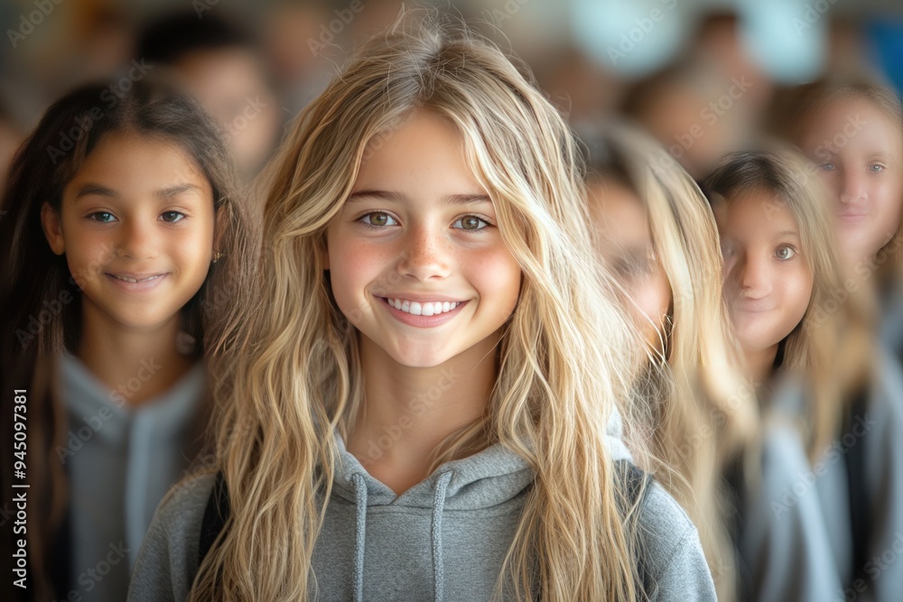A group of smiling girls in a row, showcasing their happiness and friendship. A group of smiling girls in a row, showcasing their happiness and friendship.