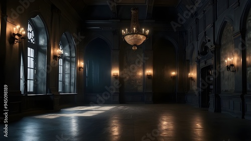 abstract renaissance huge hall with smoking room and dark gothic lighting empty