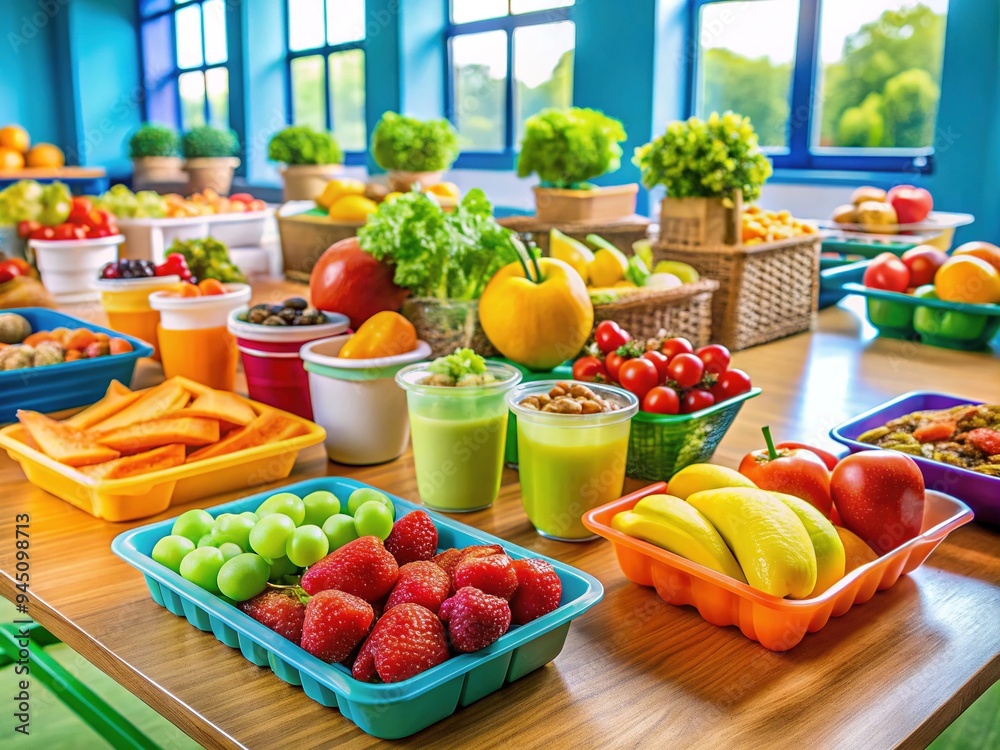 Φωτογραφία A colorful array of healthy snacks and fresh fruits arranged on a table in a vibrant elementary school cafeteria, evoking feelings of nourishment and discovery