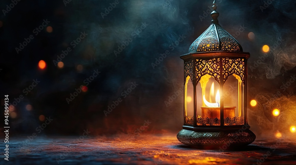 Ornate Lantern Glowing in Smoky Ambiance Ornate Lantern Glowing in Smoky Ambiance