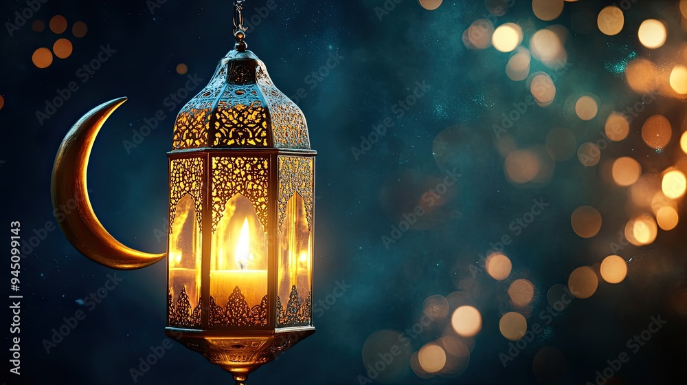 Ornate Lantern with Crescent Moon for Ramadan Ornate Lantern with Crescent Moon for Ramadan