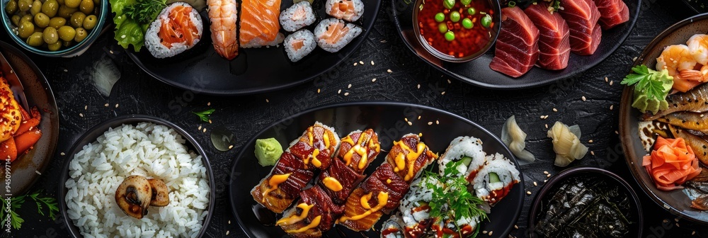 Φωτογραφία Aerial Food Photography Featuring Meat, Fish, Desserts, Rice, and Seafood Appeti