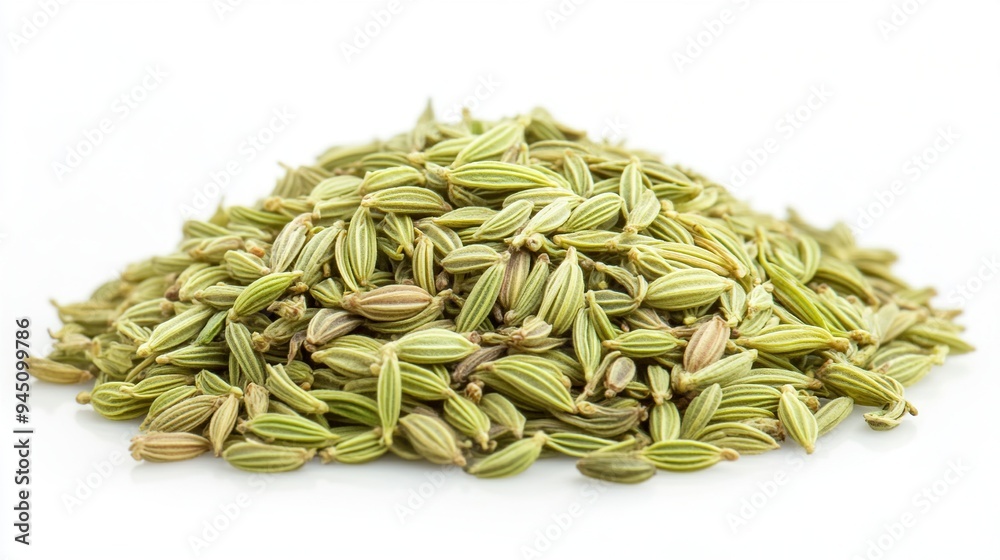 A Pile of Green Fennel Seeds Isolated on White Background A Pile of Green Fennel Seeds Isolated on White Background
