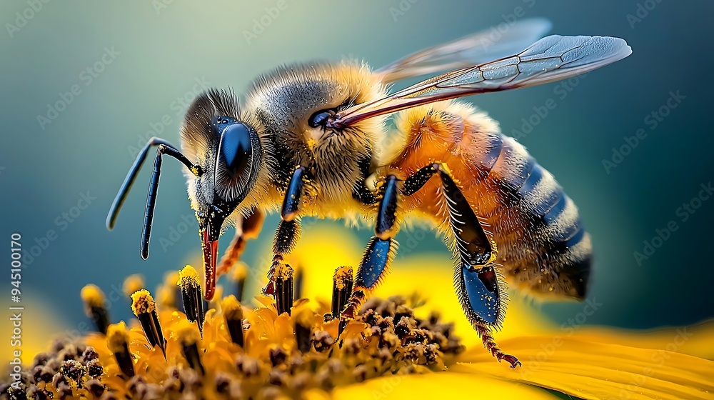 Close up, a honey bee gathers pollen on a vibrant yellow flower. Close up, a honey bee gathers pollen on a vibrant yellow flower.