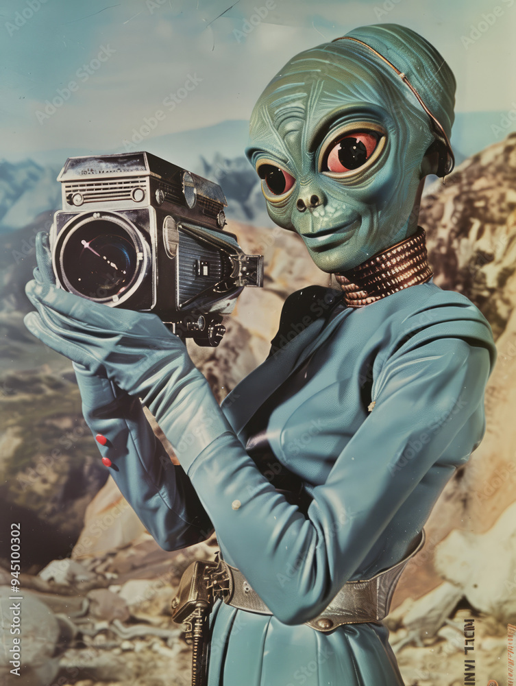 Retro 1960s 1950s style vintage b-movie reptilian space alien little