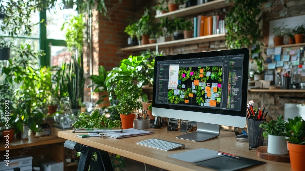 Modern Home Office Workspace with Plants and Computer Modern Home Office Workspace with Plants and Computer
