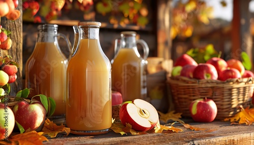 Apple and apple juice on a table.