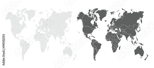 World map. Silhouette map.Asia, Europe, Africa, Antarctica, North America, South America and Australia.