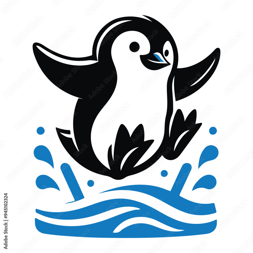 Obraz premium Cute Cartoon Penguin Splashing in Water, Fun and Playful Animal Illustration for Kids and Winter Themes