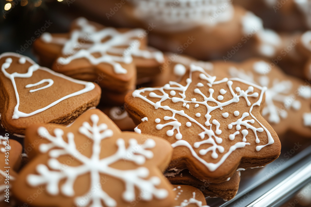 tray of gingerbread cookies with white icing and snowflake designs. The cookies are arranged in a neat row, with some of them having bells on top. Scene is festive and inviting