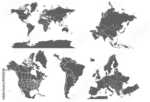 Map of the world and all continents.set of maps.