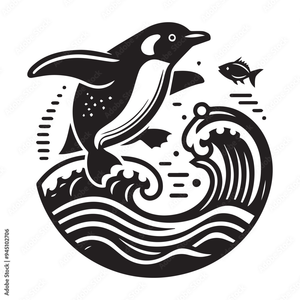 Black Silhouette Cute Cartoon Penguin Splashing in Water Fish, Fun and Playful Animal Illustration for Kids and Winter Themes Black Silhouette Cute Cartoon Penguin Splashing in Water Fish, Fun and Playful Animal Illustration for Kids and Winter Themes