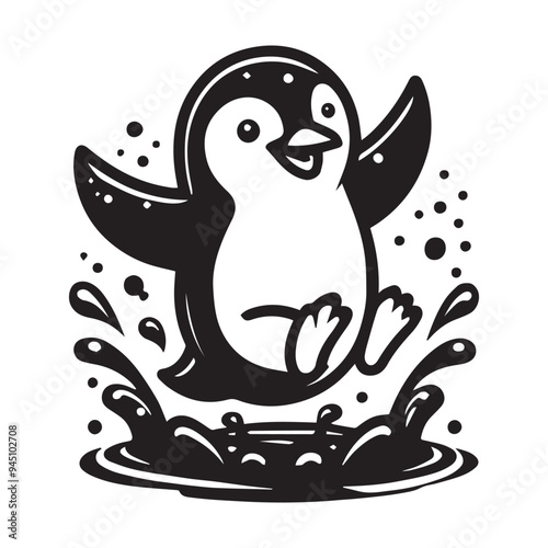 Black and White Cartoon Penguin Illustration Splashing in Water, Playful and Fun Animal Design