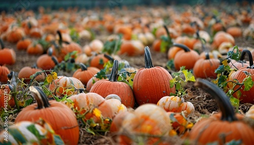 Pumpkins on the field, ready to be harvested.
