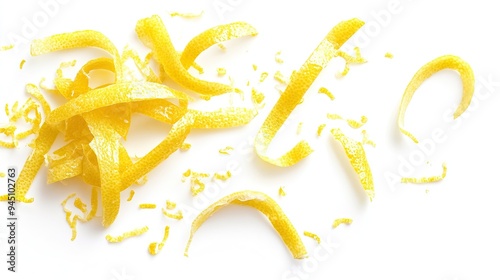 Lemon Zest Scattered on White Background