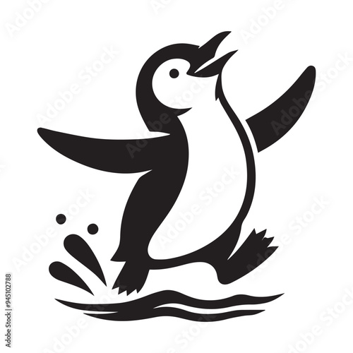 Black and White Cartoon Penguin Illustration Splashing in Water, Playful and Fun Animal Design