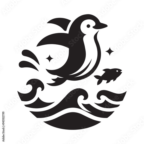 Black and White Cartoon Penguin Illustration Splashing in Water, Playful and Fun Animal Design